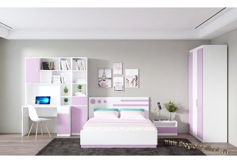 Bộ phòng ngủ trẻ em gỗ vân sồi kết hợp sơn trắng siêu đẹp bóng
